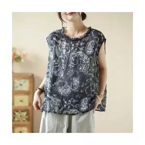 여성 블라우스 마 프린트 민소매 뒷단추 빈티지 톱 OP1