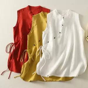 여사친 롱 사이드 린넨 레이어드 스트랩 면과 사선 블라우스 슬리브리스 OP1