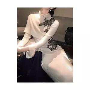 여성용 가을 원피스 추풍서 니트 조추 프렌치 케이프 긴팔 치파오 롱스커트 KS3