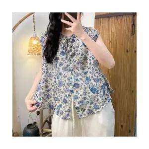 여성 블라우스 빈티지 프린트 끈 모시 민소매 셔츠 얇은 톱 OP1
