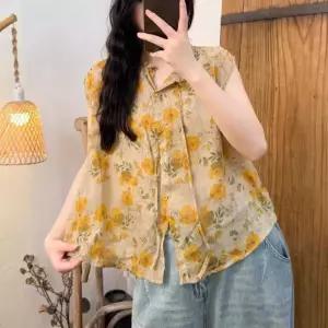 여성용 빈티지 셔츠 모시 톱 프린트 블라우스 끈 민소매 OP1