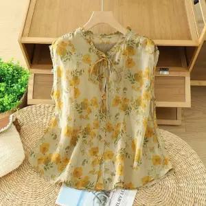 여성용 빈티지 셔츠 모시 톱 프린트 블라우스 끈 민소매 OP1