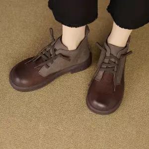 엘럽 여성용 빈티지 소프트 미들 플랫워커 부츠 소가죽 워커 핸드메이드 및 스트랩 앵클 배색 플랫폼 원템5