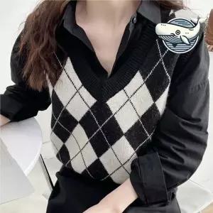 여성 아가일 체크 레이어드 니트 조끼 부드러운 AHW7+5NyU
