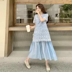 엘럽 여사친 원피스 망사 페이크 투피스 레이스 롱스커트 자수 원템1