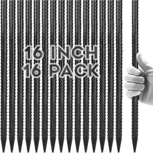 그베커리 16인치 철근 말뚝(16개) 목재 콘크리트 식물 지지대 캠핑 텐트 3/8인치 두께 정원 말뚝 블랙용 끌