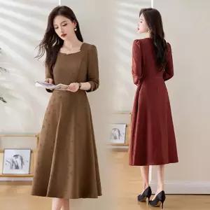 EAMT 원피스 롱스커트 긴팔 스트링 여성원피스 시크 가벼운 스퀘어넥 엠보 봄가을 YJ3