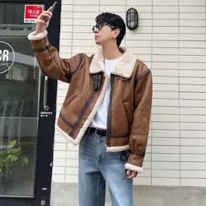 남자 무스탕 겨울 빈티지 레더 하이넥 크롭 자켓