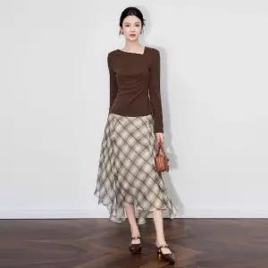 피로달 치마 여성 가을 투피스 정장세트 니트+체크 프린트 HO3