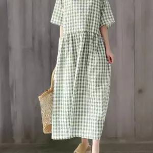 [신상오픈런]여성 루즈핏 체크 패턴 면혼합 반팔 롱 드레스 (37001141)