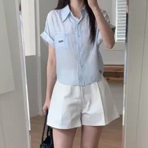 [신상오픈런]여자 파스텔 크롭 롤업반팔 시스루 카라넥 굴림 셔츠 (36391134)