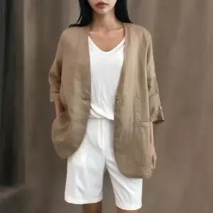 [신상오픈런]여성 클래식 루즈핏 노카라 린넨 뒷트임 자켓 (35836014)