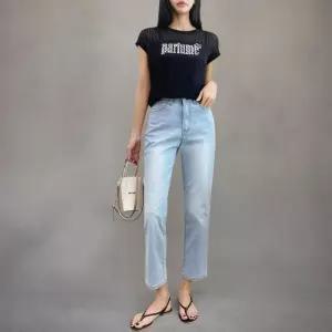 [신상오픈런]여성 심플한 면 스판 중청 워싱 일자 배기핏 청바지 (35835614)