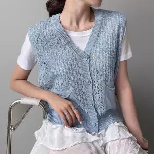 [신상오픈런]여성 여름 니트 브이넥 물결 무늬 조끼 (35830016)