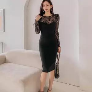 [신상오픈런]시스루긴팔 하이웨이스트 야시 레이스 펜슬 미디원피스 (30532245)