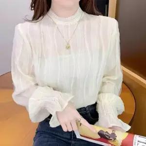 [옷은날개] 여성 소매프릴 레이스 망사 시스루 블라우스