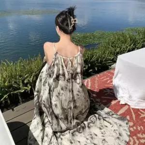 [옷은날개] F007298_홀터넥 주름나시 나염 롱원피스