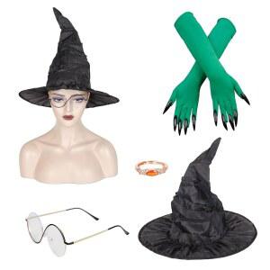 여성 길르를 위한 WeKen 4PCS 마녀 의상 세트 블랙 모자 둥근 안경 녹색 발톱 장갑 및 반지 할로윈 튬 파티용 드레스업 키트