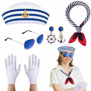와타요 5개 할로윈 항해용 모자와 스카프 프레 의상 요트 세일러 캡 선글라스 장갑 귀걸이 여성 남성을 위한 액세서리 파티