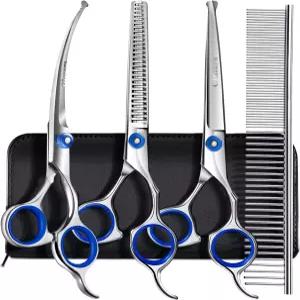 안전 라운드 팁 헤비 듀티 티타늄 코팅 스트레이트 얇아짐 및 곡선 가위가 포함된 반려견용 Gimars