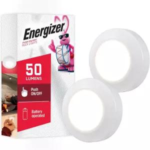 에너자이저 LED 퍽 라이트 2팩 배터리 작동 푸시 무선 조명 50루멘 탭 스틱 온 화이트 언더 캐비닛 옷장