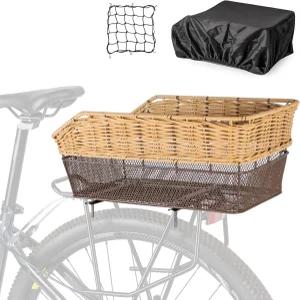 CXWXC 후방 자전거 바구니 - 카고 네트와 방수 커버가 있는 대형 손으로 짠 대용량