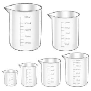 6팩 플라스틱 비커 세트 눈금 투명 측정 랩 컵 액체 용기 25ml/50ml/100ml/150ml/250ml/500ml 실험실 과학