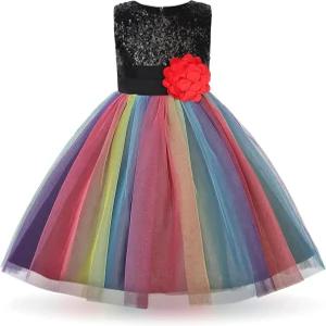 결혼식 파티를 위한 우니스 리틀 걸의 세퀸 민소매 메시 레인보우 드레스