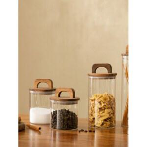 커피 유리 보관용기 북유럽 용기 700ML 높이 원목 뚜껑 10cm 손잡이