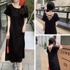 [옷은날개] 뒷 엑스자 스트링 반팔 블랙 롱원피스 여유핏 A라인