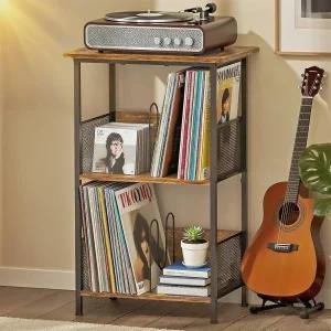 레코드 플레이어 스탠드 3단 비닐 2개의 칸막이와 4개의 조절 가능한 발이 있는 턴테이블 저장 공간이