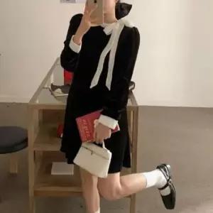 [의류] 페미닌룩 데이트룩 벨벳 스트랩 리본 배색 원피스