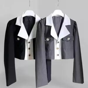 [신상오픈런]여자 하객룩 배색카라 투포켓 슬림핏 크롭 가을 자켓 (40723913)