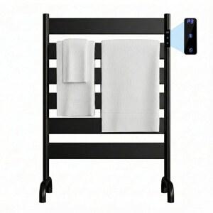 독립형 타월 워머 랙, 타이머 및 조절 가능한 온도의 6바 전기 가열 욕실용 고속 난방 워머, 스페이스 알루미늄, 녹슬지 않음, 매트 블랙(블랙, 스탠드)