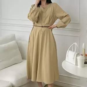 [신상오픈런]와이넥 셔링긴팔 봄정장 벨티드 트렌치 롱원피스 (30552111)