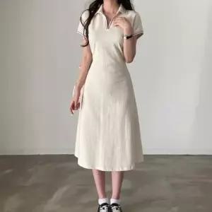 [옷은날개] 브이넥 노버튼 카라 배색 A라인 원피스 허리스트랩