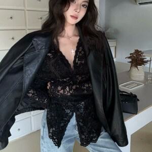 SELEAD 레이스 펀칭 플라워 모티브 긴팔 셔츠 블라우스 자수레이스블라우스 루즈핏 시스루 입술넥 긴팔니트