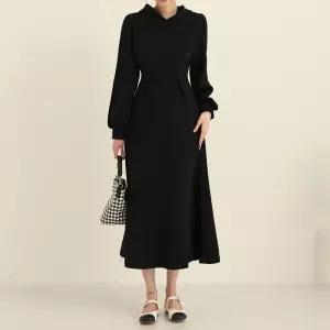 랑벨 핀턱 퍼프 소매 후드 롱 원피스_BDOP307