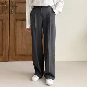 여성 봄 가을 투 핀턱 하이웨스트 세미 와이드 슬랙스 와이드팬츠 정장바지 통바지 차콜 그레이 PN0739S