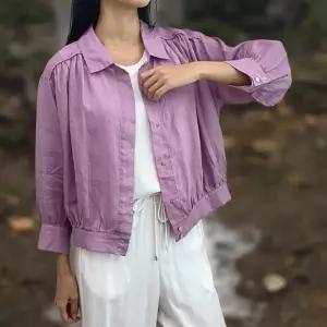 [신상오픈런]여성 린넨 스냅 버튼 핀턱 셔링 카라넥 7부 자켓 (35836012)