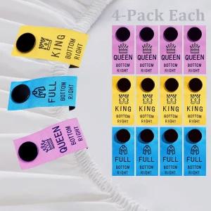 시트스냅 12팩 컬러 코딩 침대 시트 라벨 - 퀸 킹 풀 사이즈용 스냅온 태그 간편한 정리를 위한 세탁기