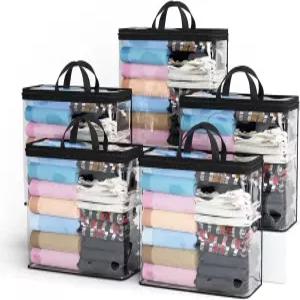 5PACK 투명 지퍼 보관 가방 22L 옷장 정리 침구 린넨 담요 이불 의류 및 장난감(블랙)을 위한