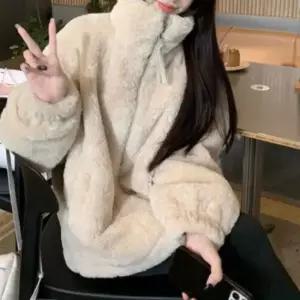 여성 루즈핏 하이넥 부드러운 퍼 집업 재킷