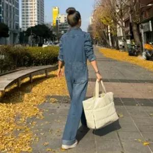 여성 워싱 데님 바지 셔츠 와이드 긴팔 청 점프수트