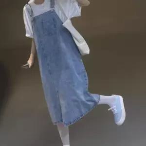 [신상오픈런]여성 캐주얼 면 혼합 멜빵 데님 롱 드레스 사선 포켓 (38767278)