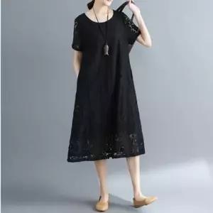 반팔 루즈핏 레이스 반소매 롱 원피스 반팔 자수 라운드 레이스 롱 루즈핏