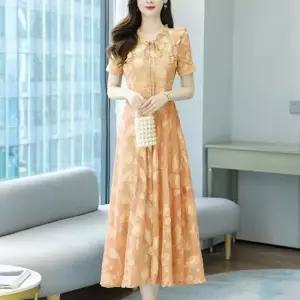 쉬폰원피스 여성 여름 리프 반팔 쉬폰 슬림 롱 원피스