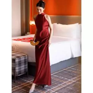 홀터넥 이브닝 드레스 연회 반짝이 연주회 레드