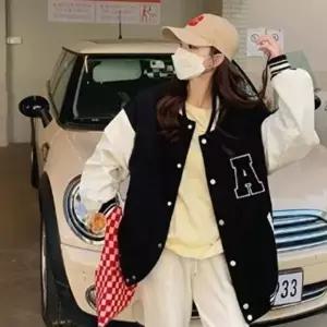 [옷자락]여성 가을 겨울 오버사이즈 기모 자수 로고 야구 재킷