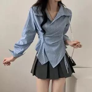 [옷자락]여성 사무실룩 오피스 랩 스트라이프 셔츠 블라우스